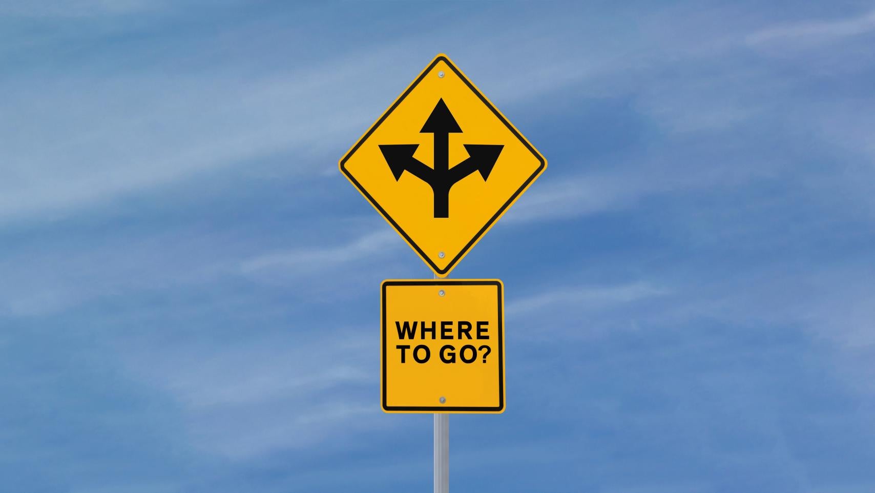 A yellow road sign displays an arrow branching off in three directions and reads "Where to go?"