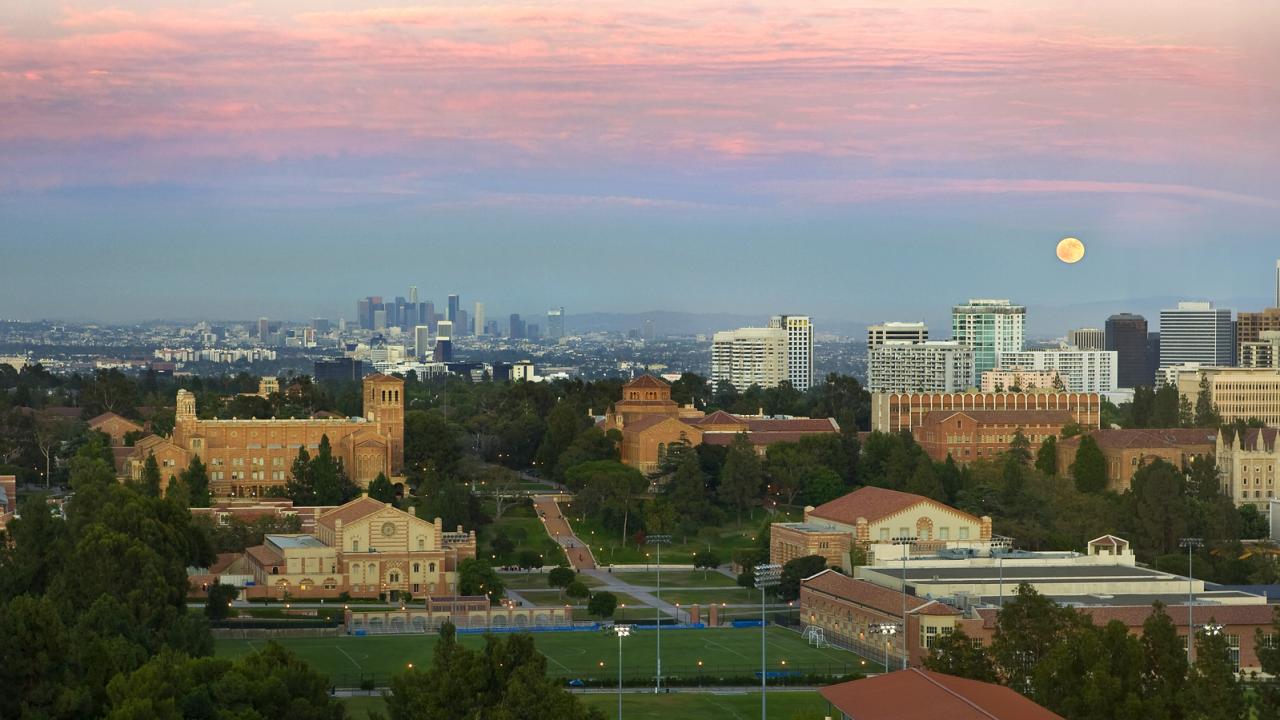 Aerial view across UCLA campus during sunset.