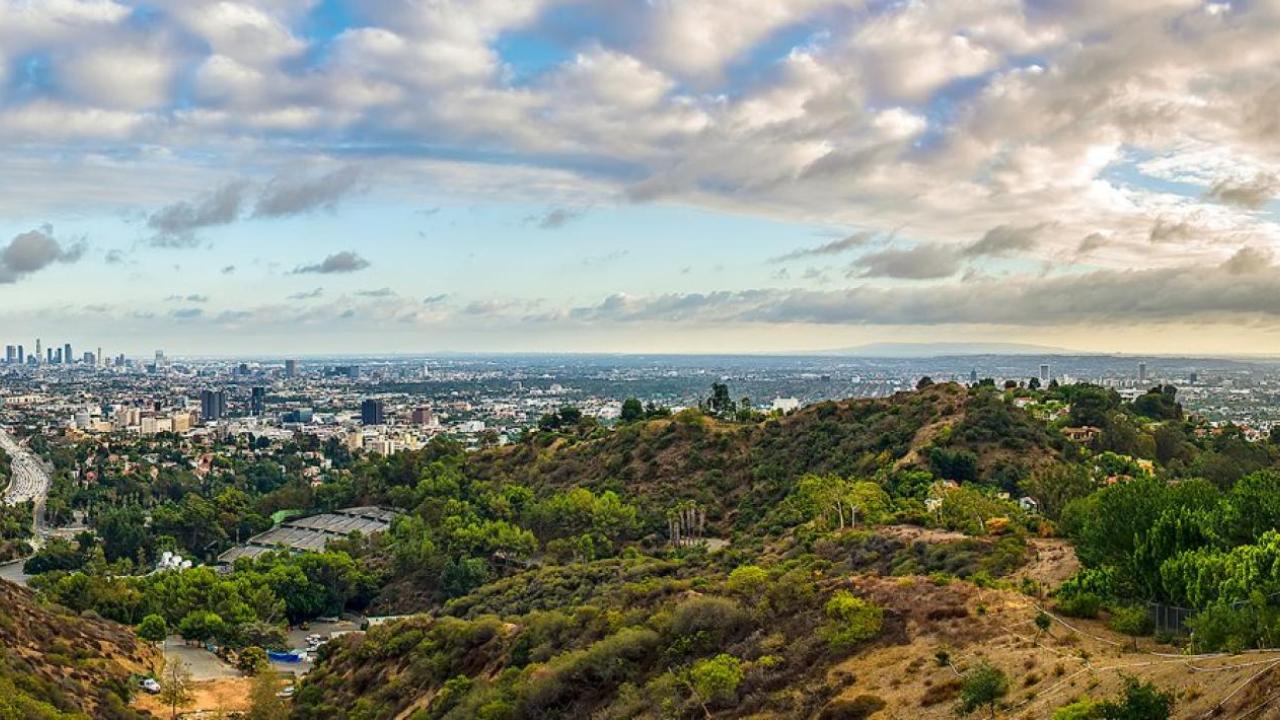 An aerial view of Los Angeles, taken from a mountain.