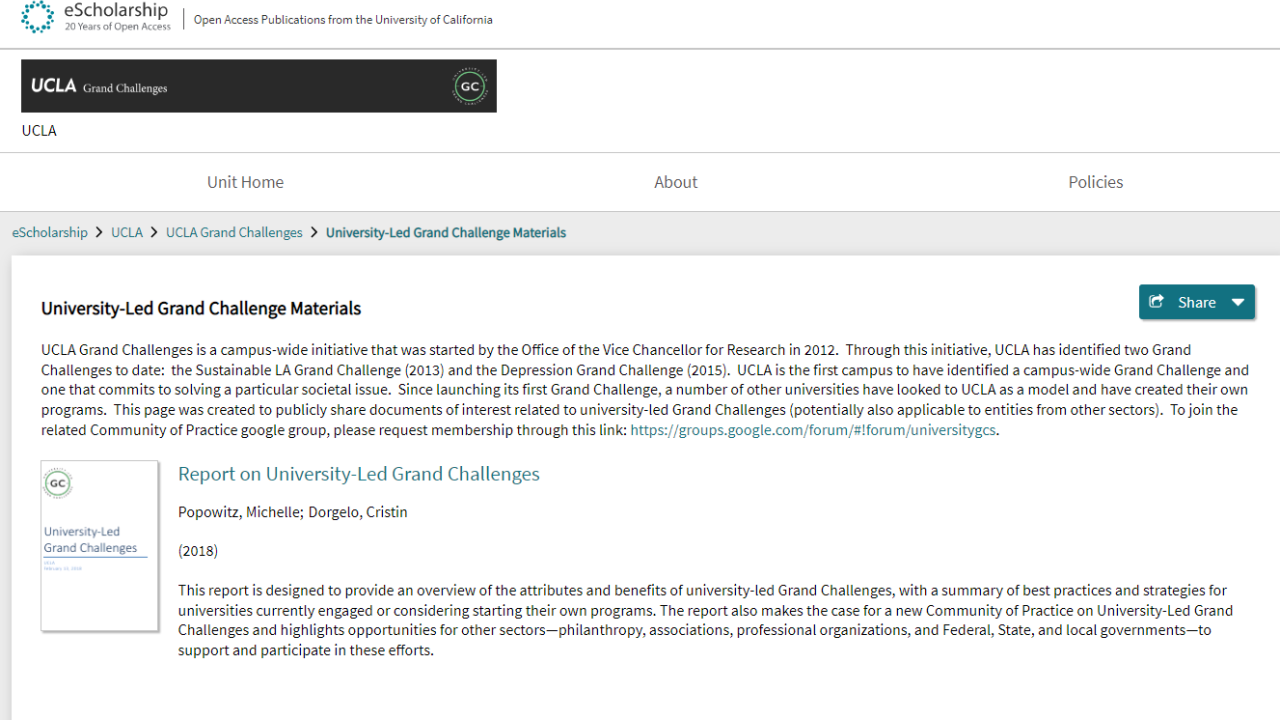 A screenshot of website eScholarship, displaying a report: "Report on University-Led Grand Challenges," 2018