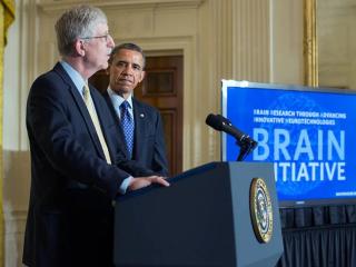 President Barack Obama is introduced by Dr. Francis Collins, Director, National Institutes of Health, at the BRAIN Initiative event in the East Room of the White House, April 2, 2013.