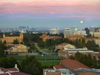 Aerial view across UCLA campus during sunset.